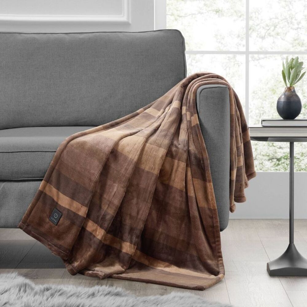 Brookstone Heated Printed Plush Throw Striped